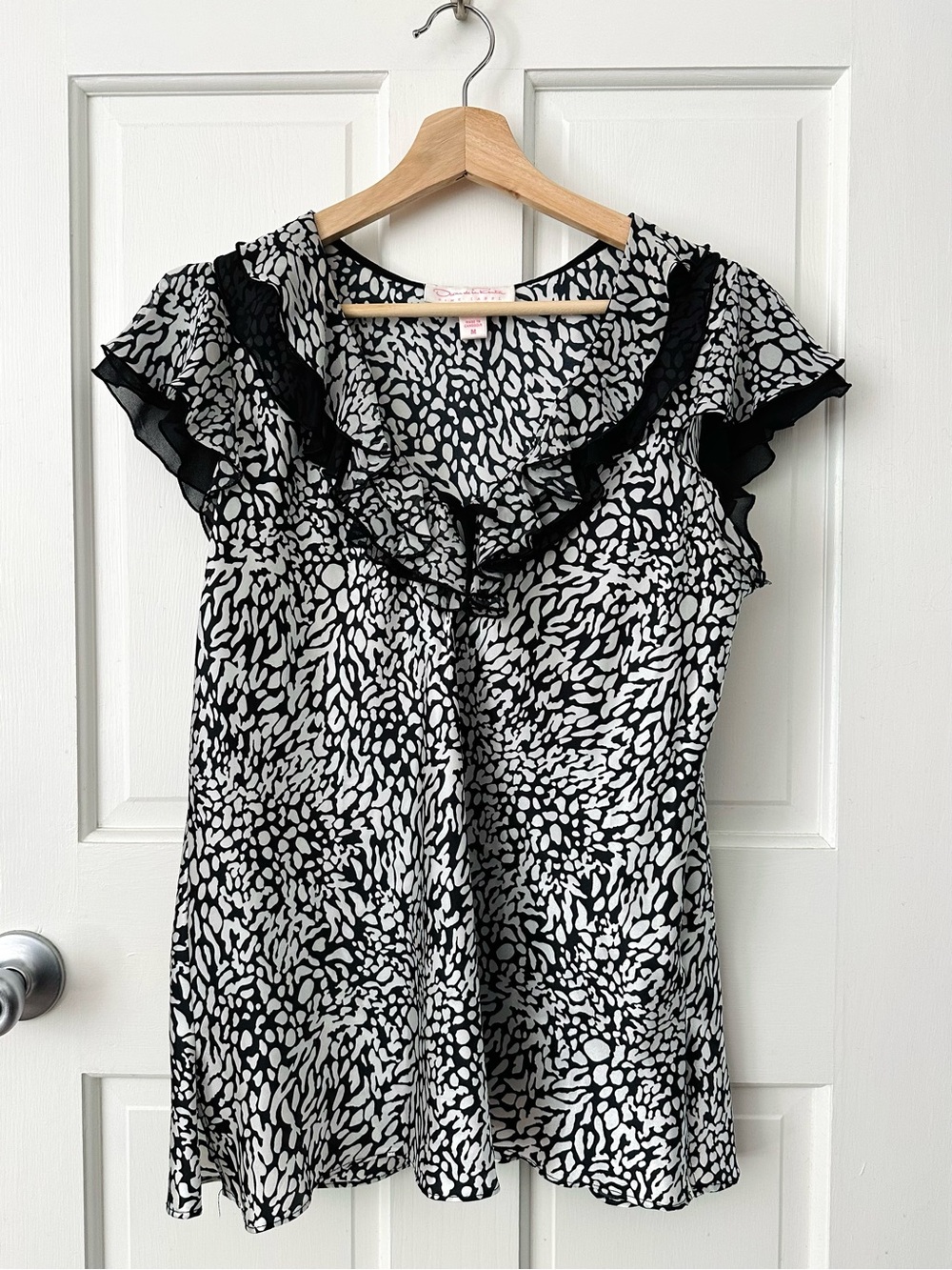 Oscar de la Renta Pink Label Satin Ruffle Top Cap Sleeve Black White Bow Size M